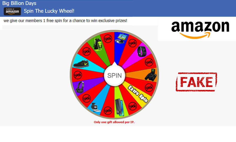 Chinese hackers are circulating links of fake contests with names sounding similar to shopping festivals like 'Big Billion Days Spin the Lucky Wheel' and 'Amazon Big Billion Day Sale' to steal shoppers data.