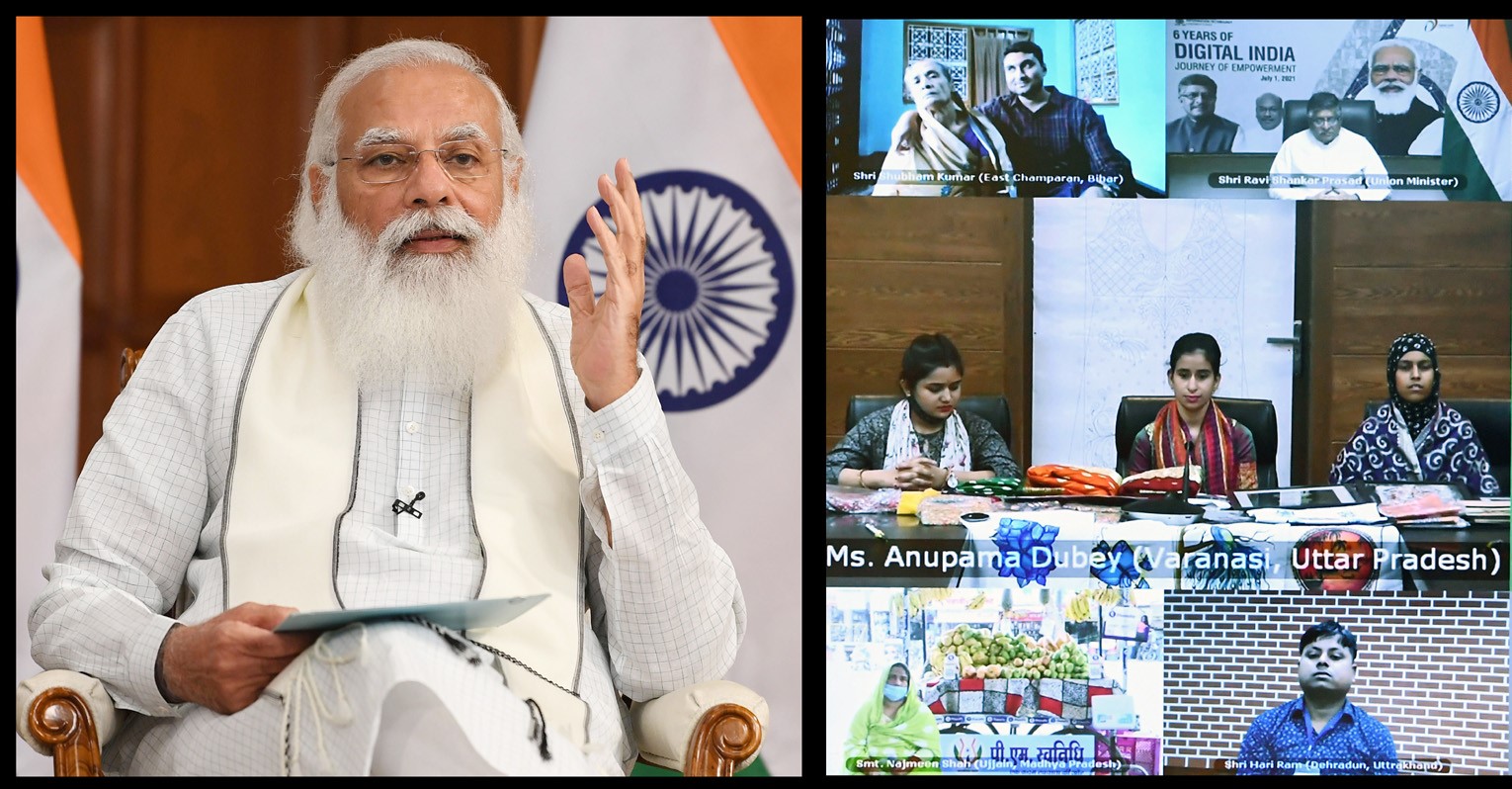 Prime Minister, Narendra Modi interacting with the beneficiaries of ‘Digital India’, on the occasion of the 6th anniversary of Digital India Abhiyan, through video conferencing, in New Delhi on July 01, 2021.
