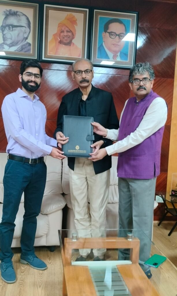 Prof. Sanjay Singh, Vice Chancellor of Dr. Ram Manohar Lohiya National Law University, Dr. K.A. Pandey, Programme Director, Post Graduate Diploma in Cyber Law and Chief Proctor, RMLNLU and Harshvardhan Singh, co-founder, Future Crime Research Foundation (FCRF) at MoU signing ceremony.